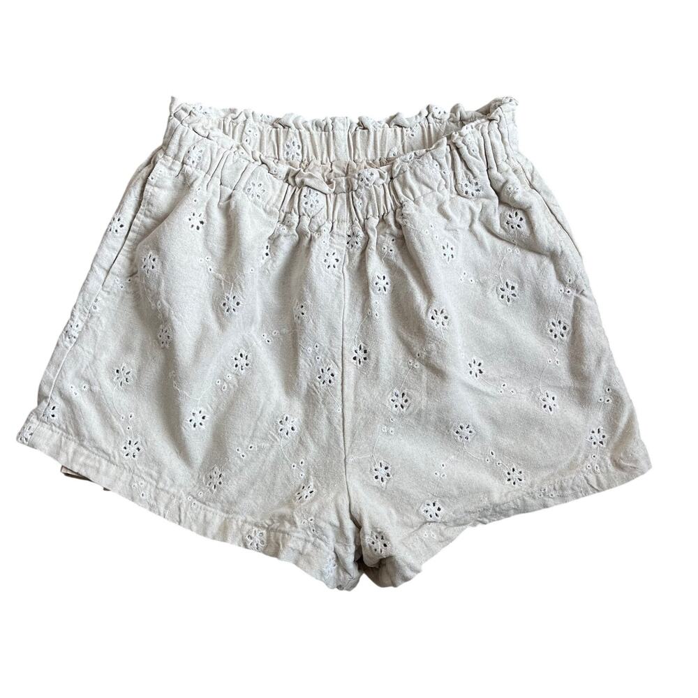 Lush Small Eyelet Embroidered Linen Cream Cotton Shorts Women's S